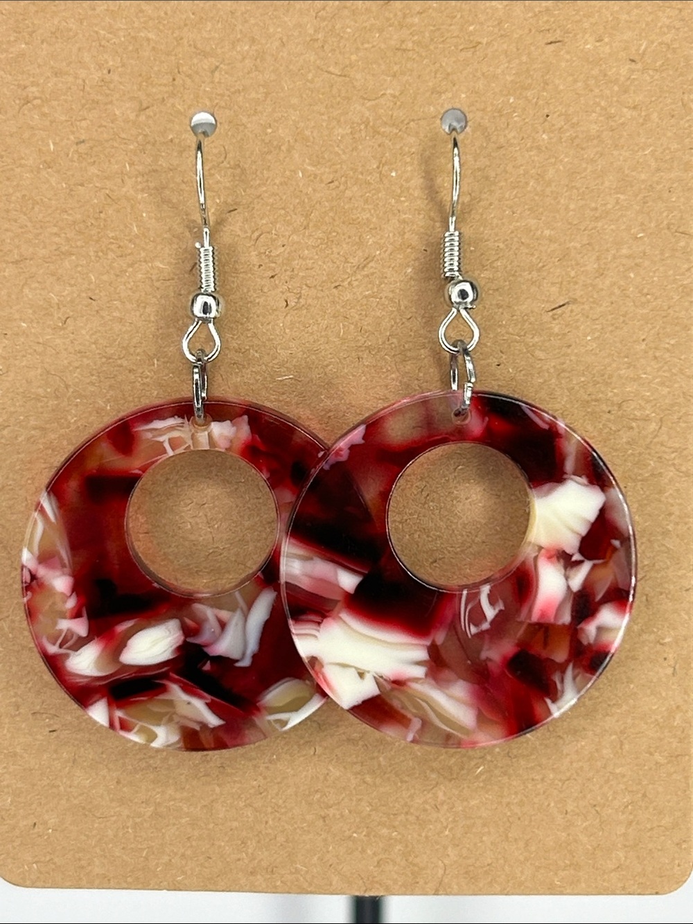 Red Maroon Cream Mixed Resin Hoop Dangle Earrings - Women Fashion Jewelry